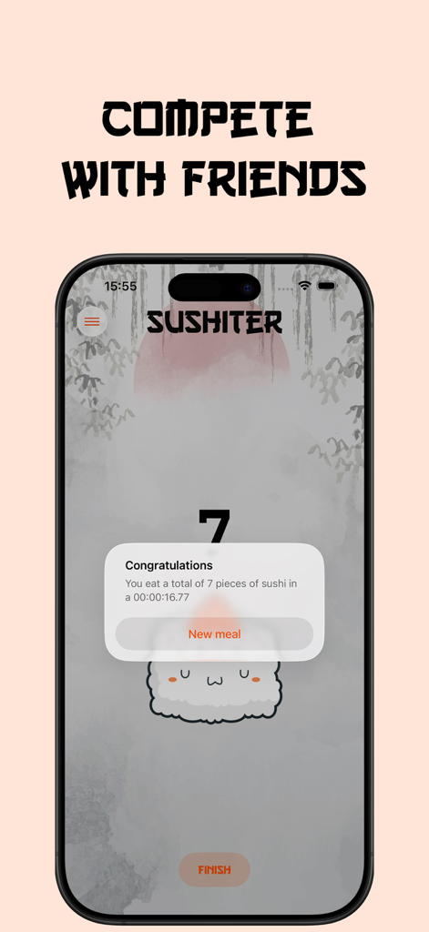 Sushiter app interface showing a sushi count record and a compete with friends message.