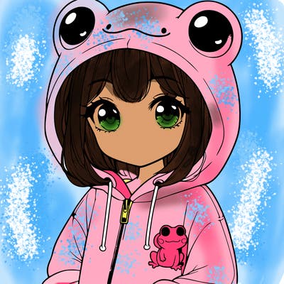 cute realistic girl in a froggy hoodie