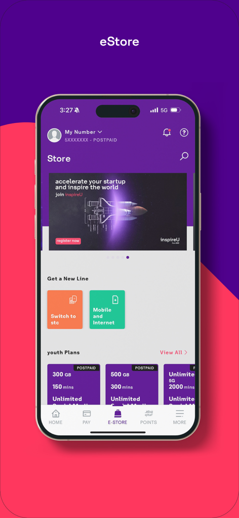 my stc KW - The eStore screen of the my stc KW app showing postpaid mobile plans and options to get a new line