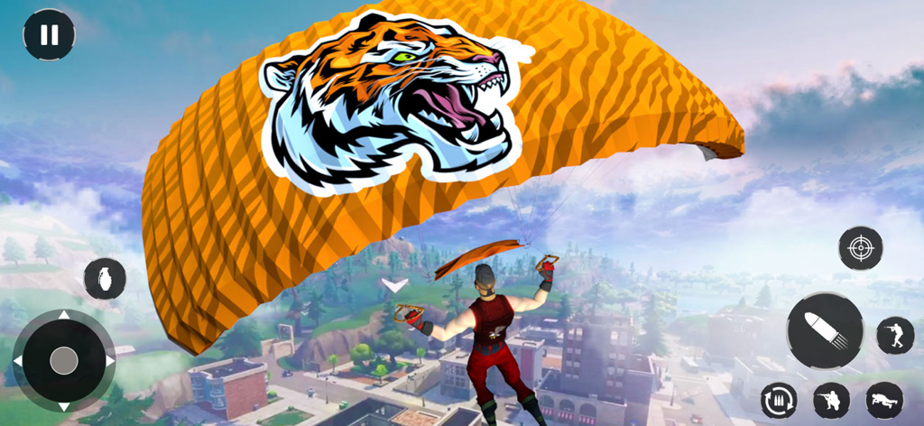 Clash Squads Battle Royale 3D - Player skydiving with a tiger themed parachute over a city in Clash Squads Battle Royale 3D