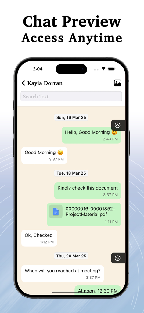 Mobile app interface showing a chat preview with messages and a shared PDF document.