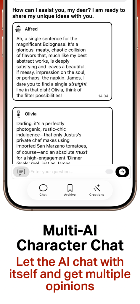 Écran de l'application mobile montrant la fonctionnalité Multi-AI Character Chat où différentes personnalités IA débattent les unes des autres