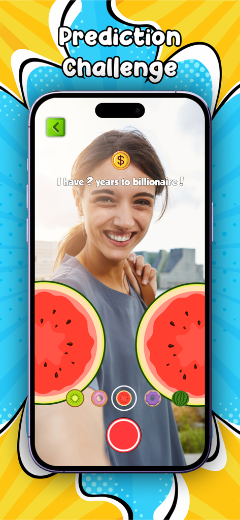 Une jeune femme utilisant le défi du filtre de prédiction milliardaire sur un smartphone.