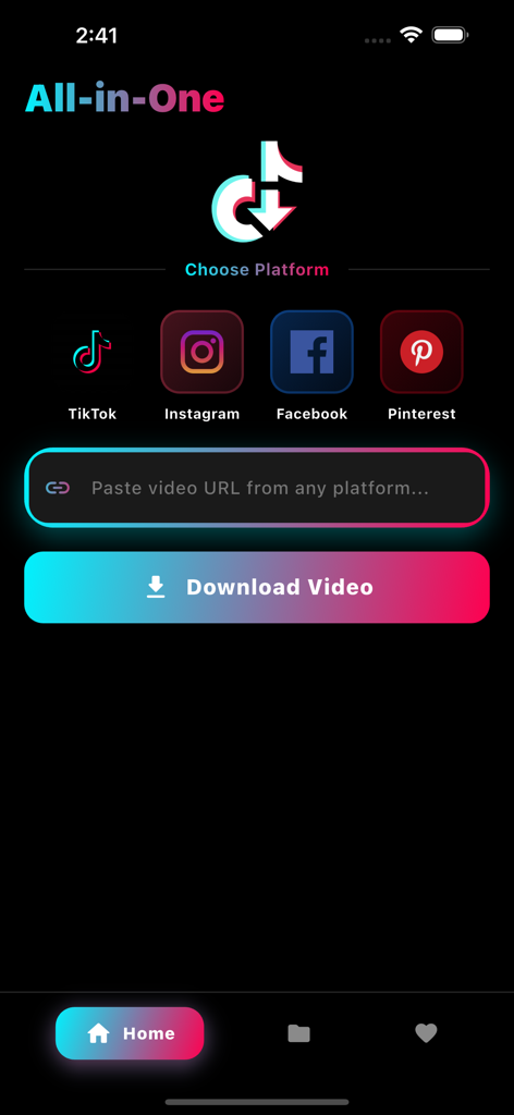 HD Tik Downloader No Watermark - Home screen of HD Tik Downloader app showing platform selection and video URL input field.