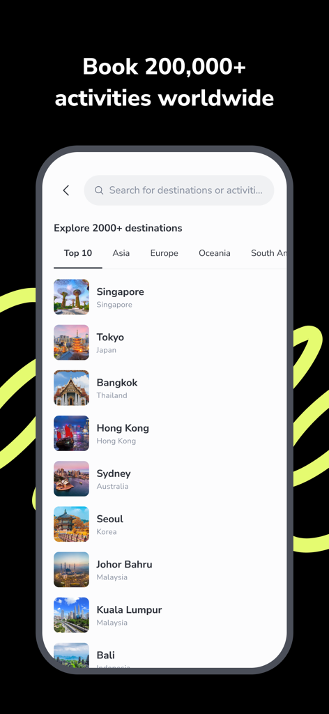Smartphone screen showing the Pelago app's top travel destinations including Singapore, Tokyo, and Bangkok under a heading for booking over 200,000 activities worldwide.