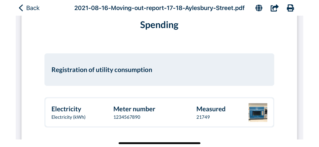 DomuSpect app screen showing utility meter registration with electricity meter number and reading photo