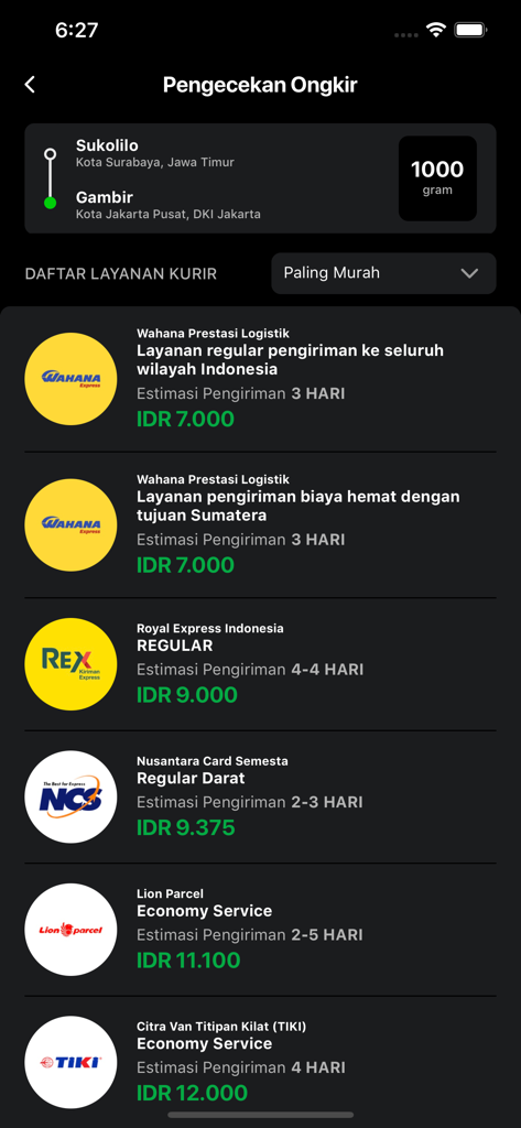 Kiriman+ - Kiriman+ app interface comparing Indonesian shipping rates from various couriers in dark mode.