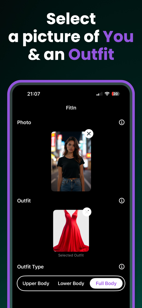 AI Clothes Changer: FitIn - Interface of FitIn app showing user photo and red dress selection for AI virtual try on.