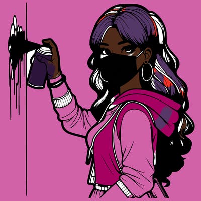 realistic girl with mask spray painting a wall