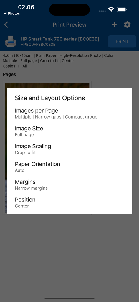 NokoPrint - Mobile Printing - Interfaz de la aplicación NokoPrint que muestra opciones avanzadas de tamaño y diseño para impresión móvil en un iPhone