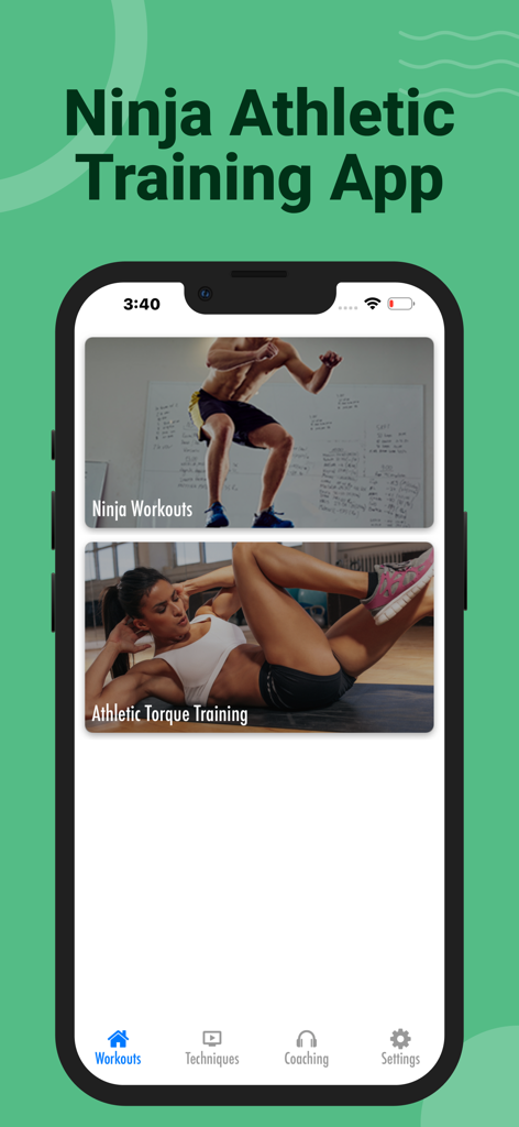 Ninja Athletic Training - Ninja Athletic Training app interface showing a list of available workout programs including Ninja Workouts and Athletic Torque Training.