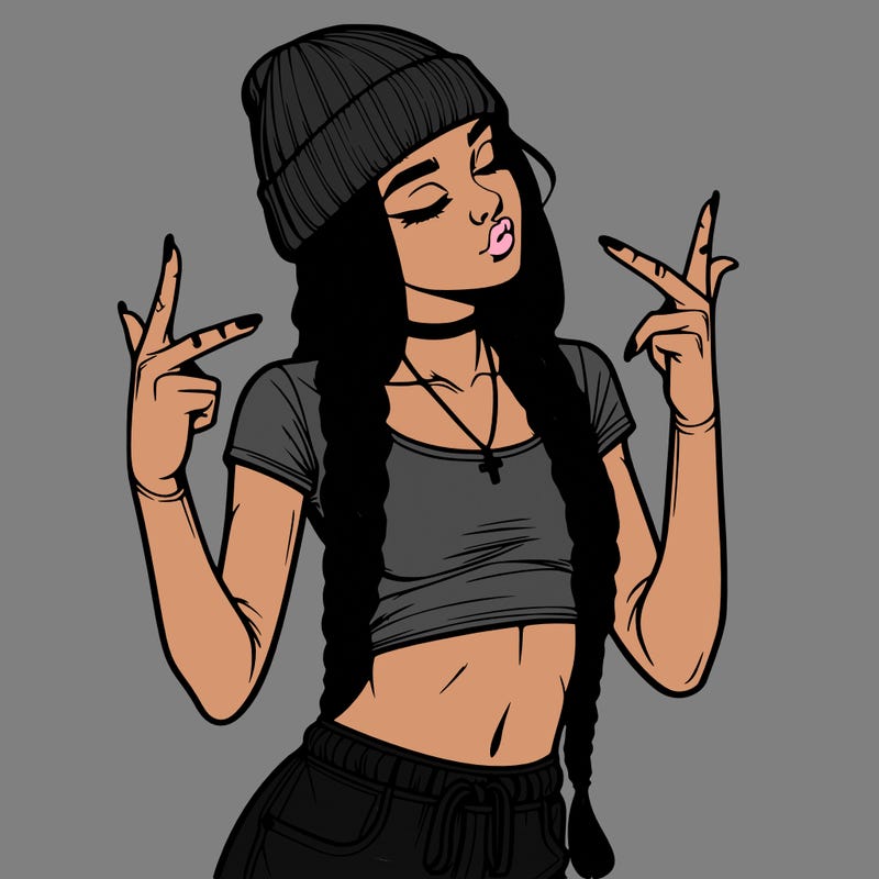 realistic teenage girl with braids and a beanie and crop top doing 🫶🏼