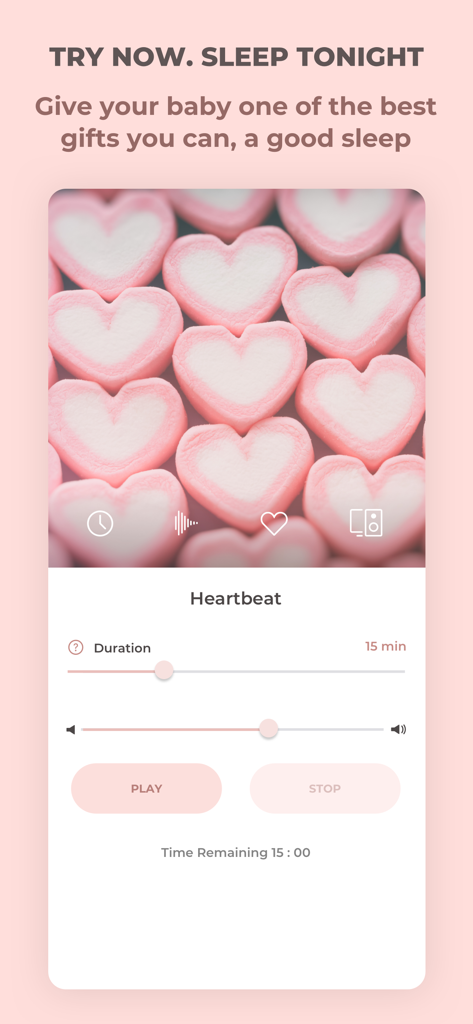 Sleeptot app interface showing the heartbeat sound player with a background of pink heart marshmallows