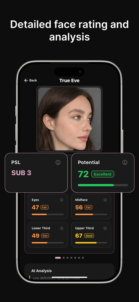 Interface do aplicativo True Eve mostrando avaliação facial IA detalhada e análise de características faciais com métricas