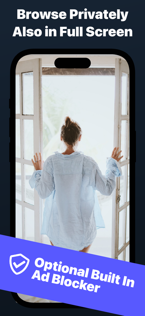 Private Web Browser Incognito - Navegador Web Privado mostrando modo de navegación a pantalla completa y una función de bloqueo de anuncios incorporada en una pantalla de iPhone.