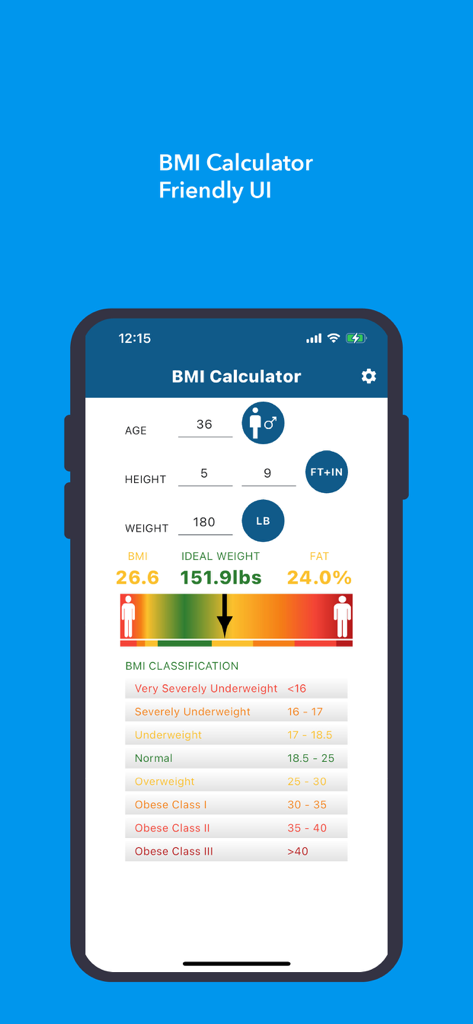 BMI Calculator - Healthy & Fit - Smartphone display of BMI Calculator app showing weight inputs and health classification results