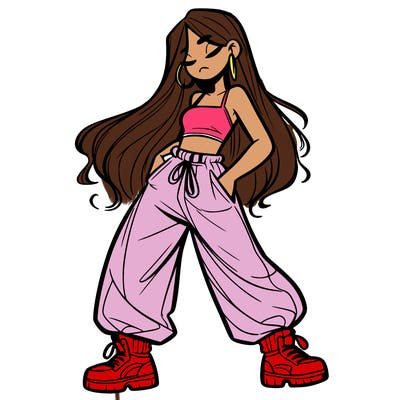 girl in baggy pants crop top and long hair