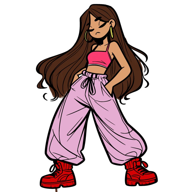 girl in baggy pants crop top and long hair