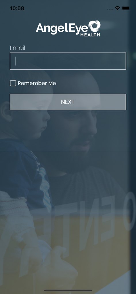 Login screen for Angel Eye Mobile showing an email input field and Next button over a background image of a father and child.