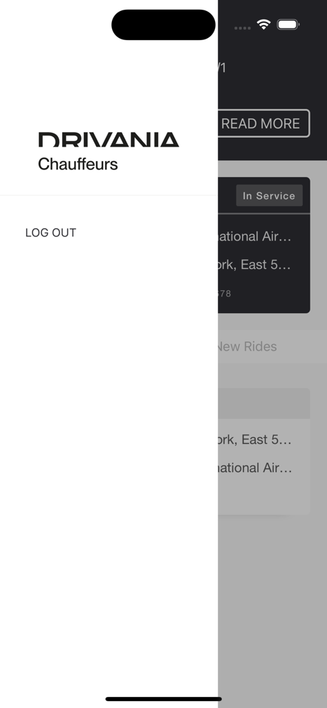 Menú de navegación lateral en la aplicación Acceso de Conductores Drivania que muestra el logotipo del chófer y el botón de cierre de sesión.