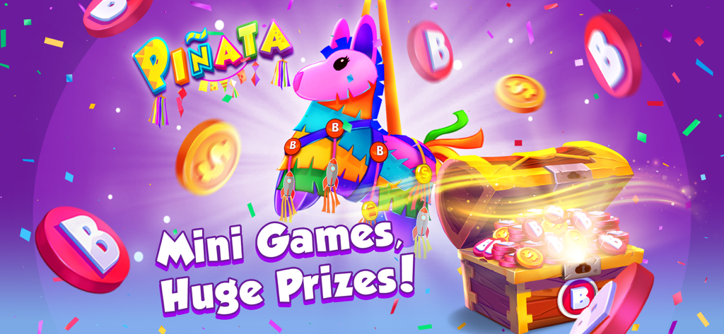 A colorful donkey pinata and a treasure chest full of coins for the Bingo Bash mini game