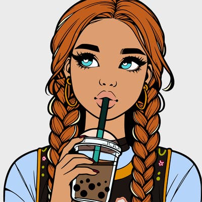 realistic girl with braided hair drinking boba