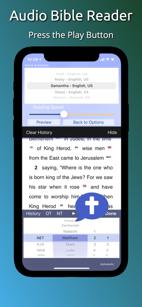 Touch Bible: Read, Study & Go - Interfaz de la aplicación Touch Bible que muestra la configuración de voz del lector de audio y la herramienta de navegación Dial-a-Verse.