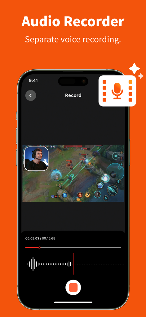 RecGen 앱 화면이 모바일 게임 녹화를 위한 별도의 음성 녹음 및 Face Cam 오버레이를 보여줍니다.