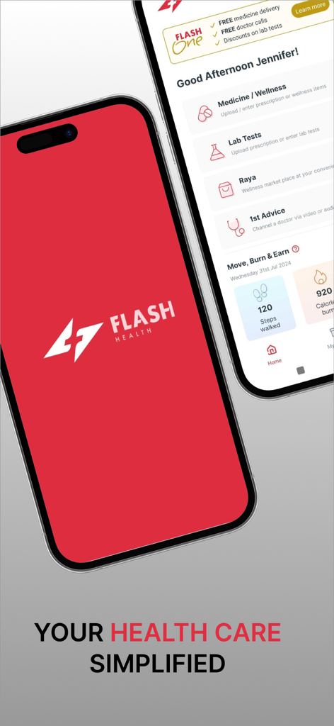 Flash Health - Flash Health mobile app interface showing the dashboard with medicine delivery and lab test features