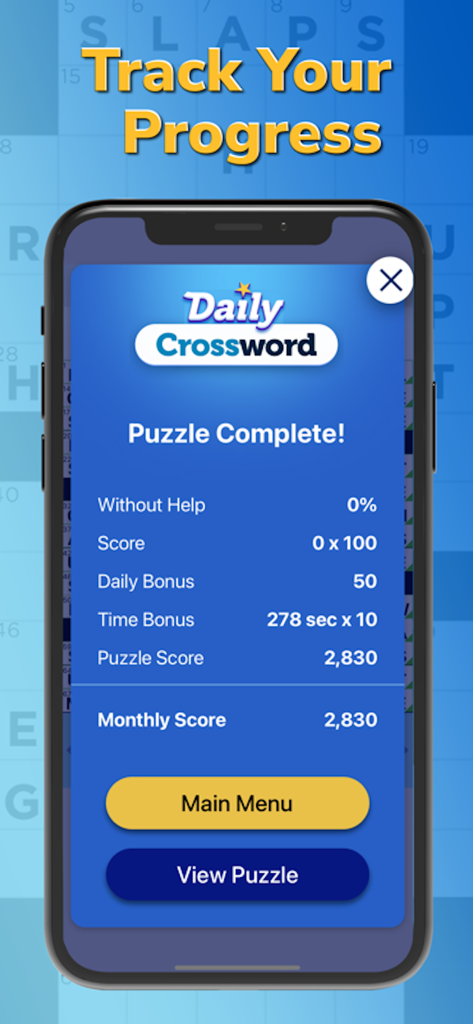 A mobile screen showing the completed puzzle results and scores for Arkadium Daily Crossword