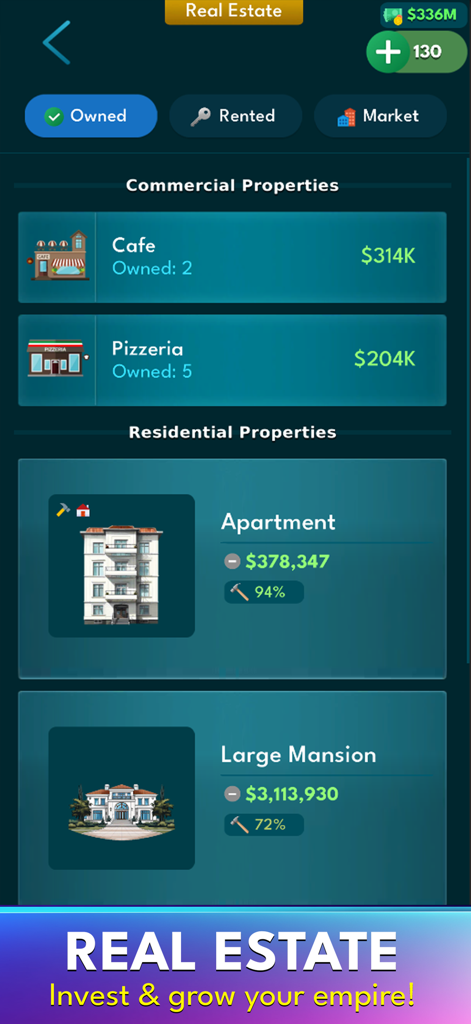 AltLife - Life Simulator - Écran du jeu mobile AltLife montrant la gestion immobilière avec des annonces de propriétés commerciales et résidentielles comme des cafés, des appartements et des manoirs