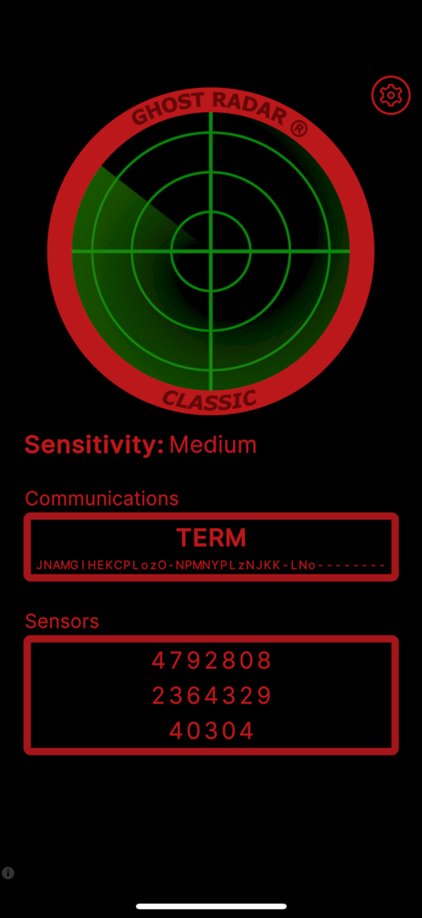 Interface of the Ghost Radar Classic app showing a green radar screen, sensitivity settings, and sensor data.