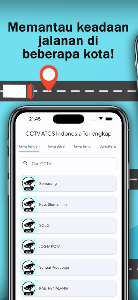 A mobile app interface displaying a list of traffic CCTV camera locations in Indonesian cities like Semarang and Solo.
