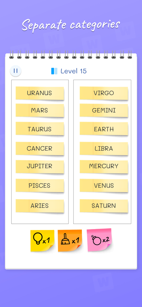 Word Match: Connections Game - A gameplay screen of Word Match Connections Game showing level 15 where players separate words into categories like planets and zodiac signs.