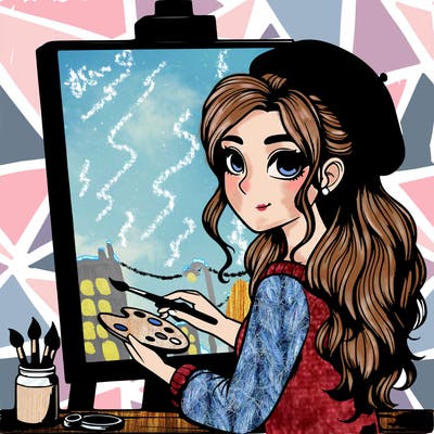 realistic girl artist painting a blank canvas