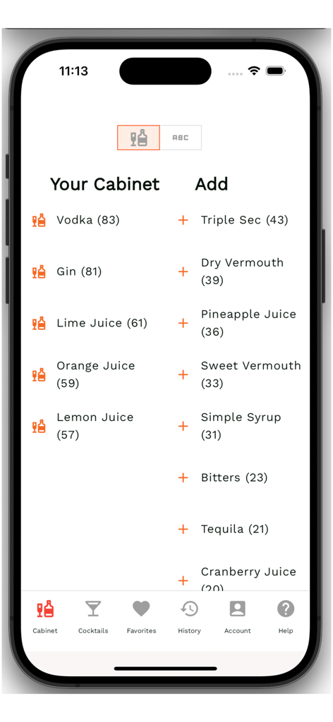 Bartifier - Bartifier app screen showing the bar cabinet inventory for managing cocktail ingredients like spirits and juices.