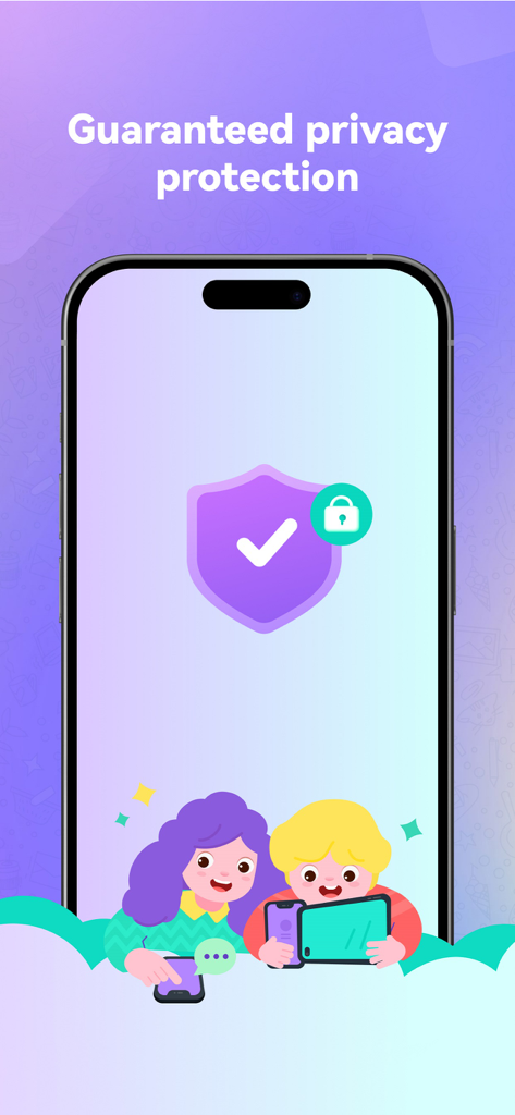 Smartphone screen displaying guaranteed privacy protection with a shield icon and kids using mobile devices.