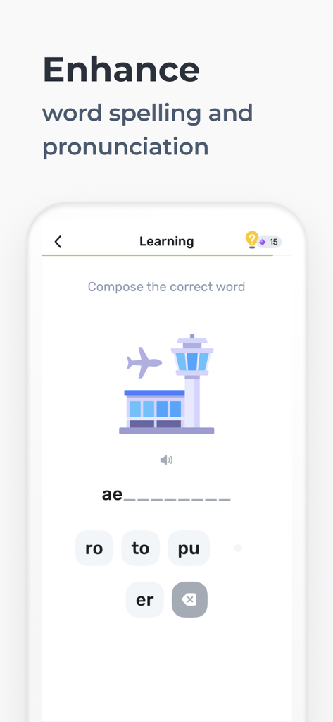 WRD - Learn Words - Interfaz de la aplicación WRD que muestra un ejercicio de ortografía y pronunciación de palabras con un icono de viaje