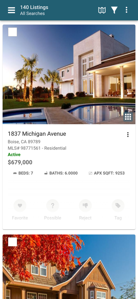 Mobile app interface showing a real estate property listing with a photo of a modern house and its details
