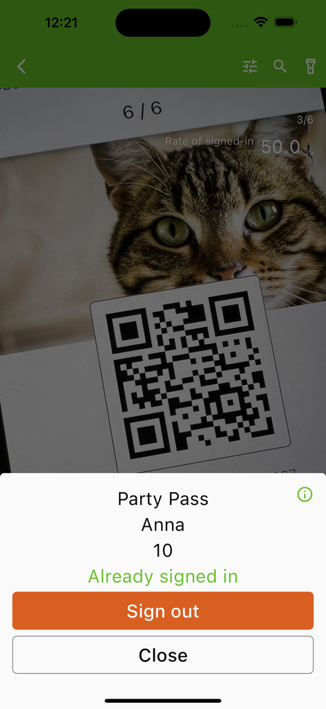 KKTIX Manager - KKTIX Manager app scanning a QR code ticket showing an attendee already signed in status