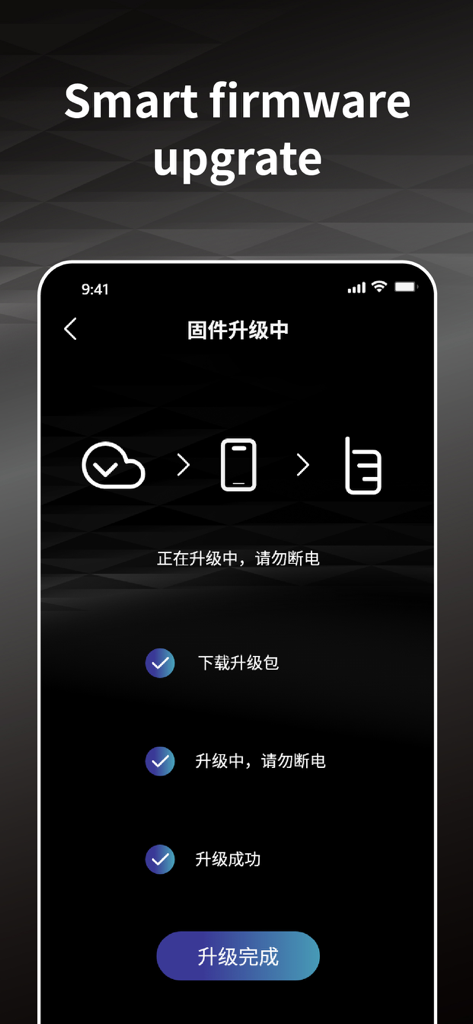 L-TWOO - Interface of the L-TWOO app showing the successful completion of a smart firmware upgrade for bicycle electronic shifting components.