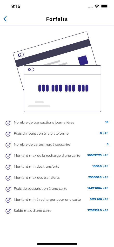 Captura de tela do aplicativo Cash-Me mostrando os detalhes do plano do cartão virtual e os limites de transação