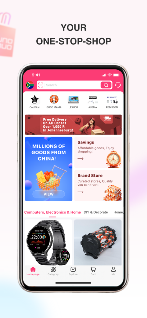 UNOUNO - Shopping Online - Tela inicial do aplicativo de compras UNOUNO exibindo milhões de mercadorias das categorias China e eletrônicos
