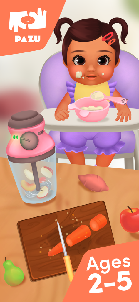 A cartoon toddler in a high chair being fed while interactive food preparation tools like a blender and cutting board appear in the foreground