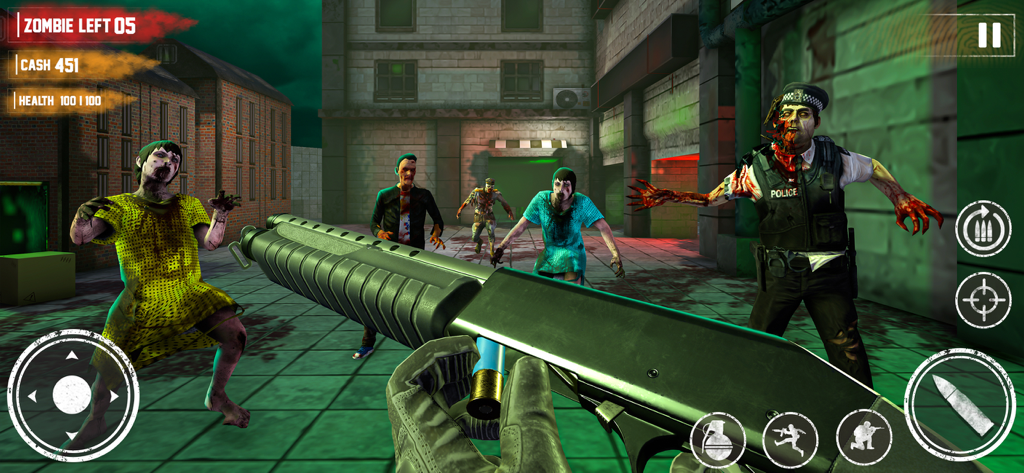 Zombie Shooting Survival Game - Jugabilidad de disparos en primera persona que muestra a un jugador apuntando con una escopeta a zombies que se acercan en un callejón de la ciudad