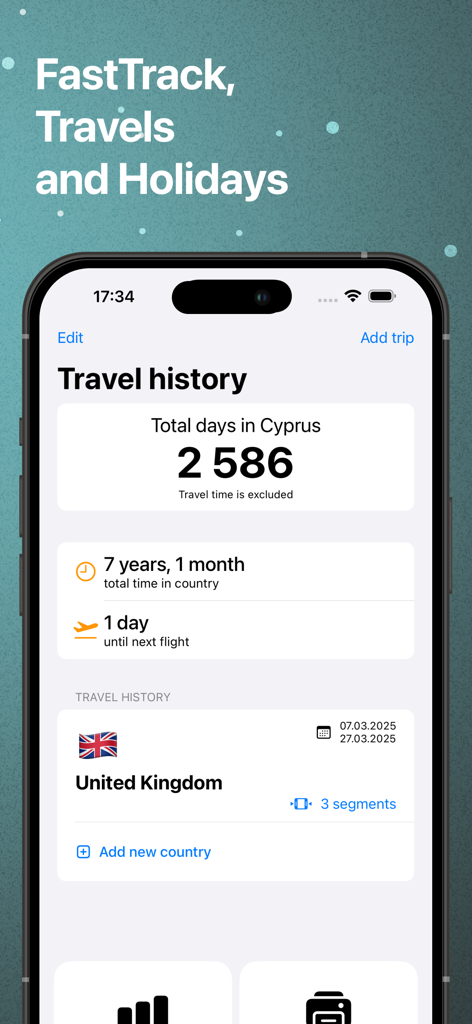 거주 추적을 위해 키프로스에서 보낸 총 일수 및 여행 기록을 보여주는 FastTrack의 모바일 앱 인터페이스.