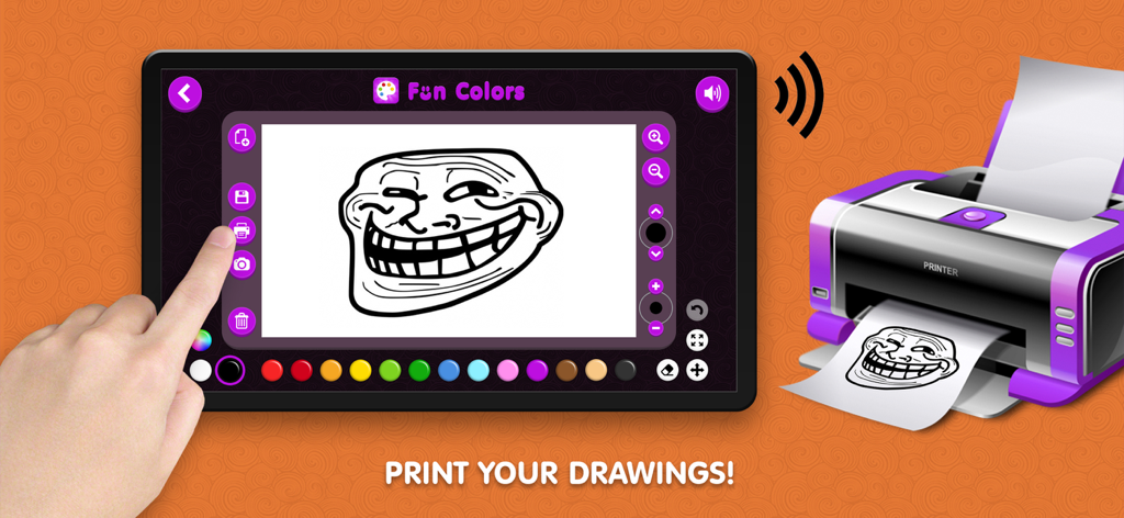 Fun Colorsアプリが動作しているタブレットで、ワイヤレスプリンターに描画を印刷しています。