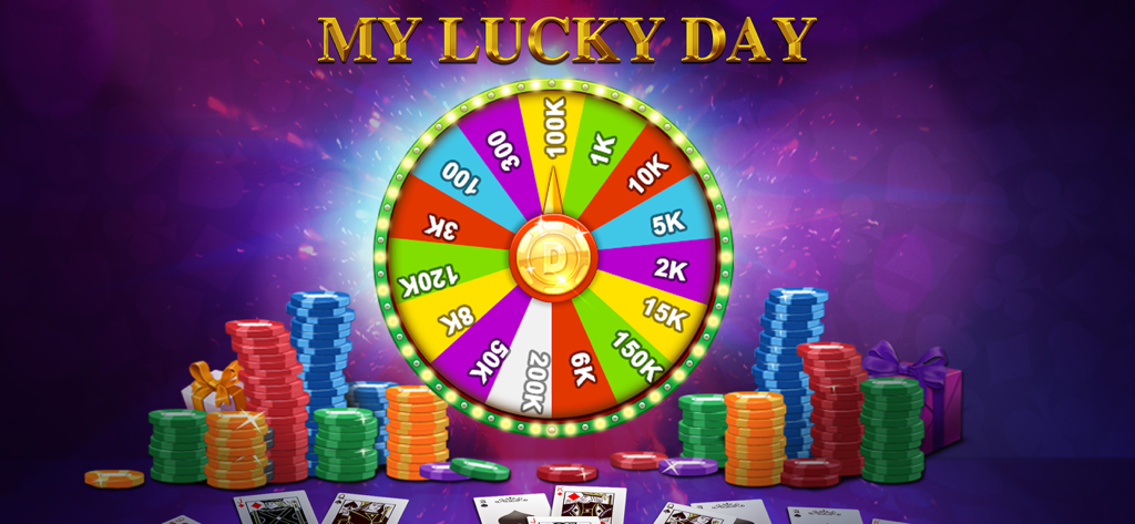 DH Texas Poker - DH Texas Poker daily lucky wheel reward screen with stacks of colorful poker chips and playing cards