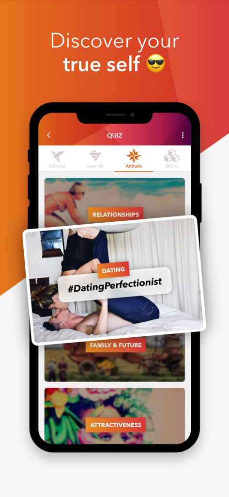 Interface do aplicativo de namoro Koko mostrando um questionário de personalidade com um resultado de Perfeccionista de Namoro.