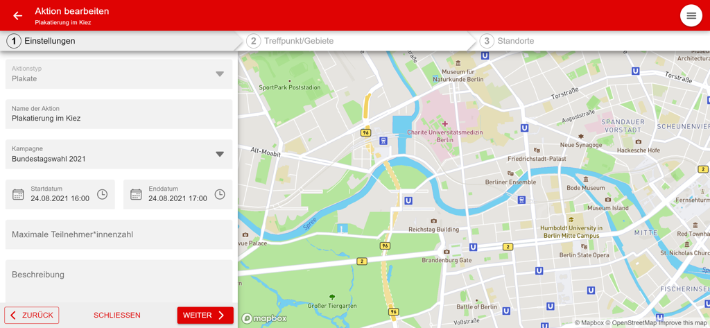 Aktivisti - Interface of the Aktivisti app to edit a local action featuring a settings form and a map view